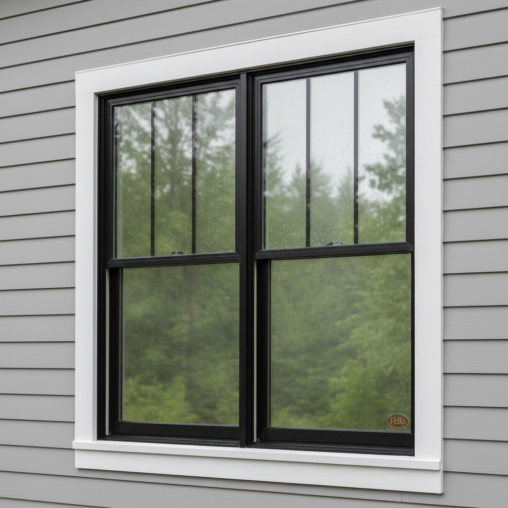 A black-framed double-hung window with vertical grilles on the upper sashes is installed in a gray-sided exterior wall with white trim.